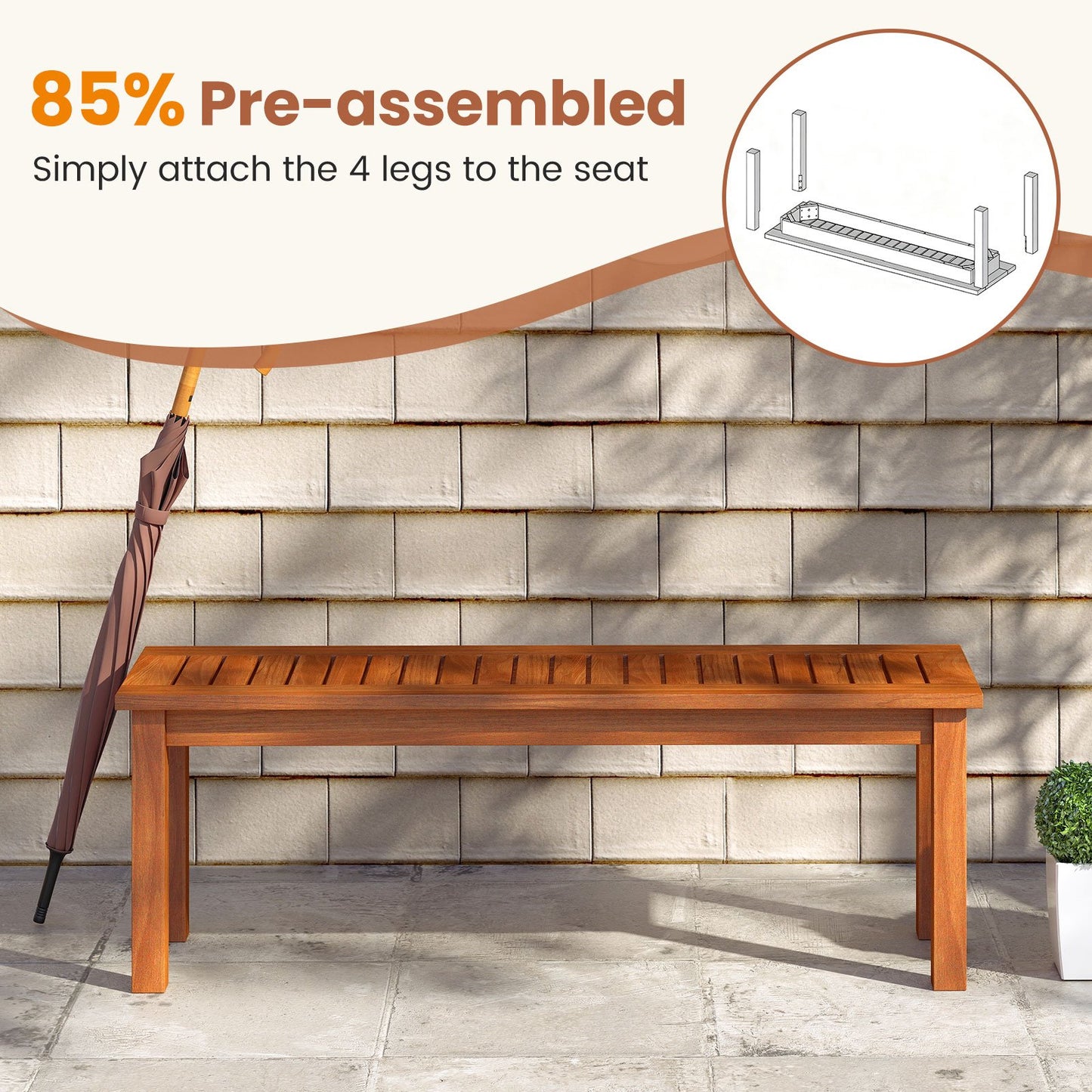 Outdoor Wood Bench 2-Person Backless Patio Garden Bench with Slatted Seat, Natural Outdoor Benches at Gallery Canada