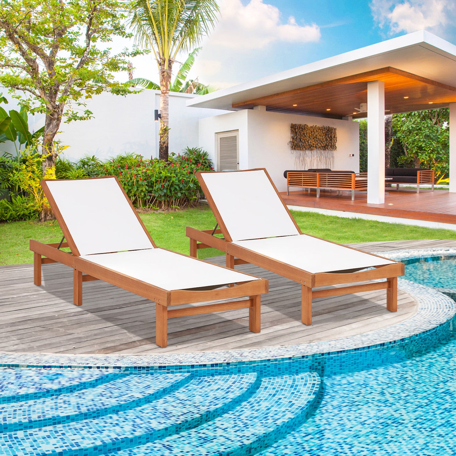Wood Chaise Lounge Chair, 5-Position Adjustable Back Outdoor Chaise Lounges at Gallery Canada