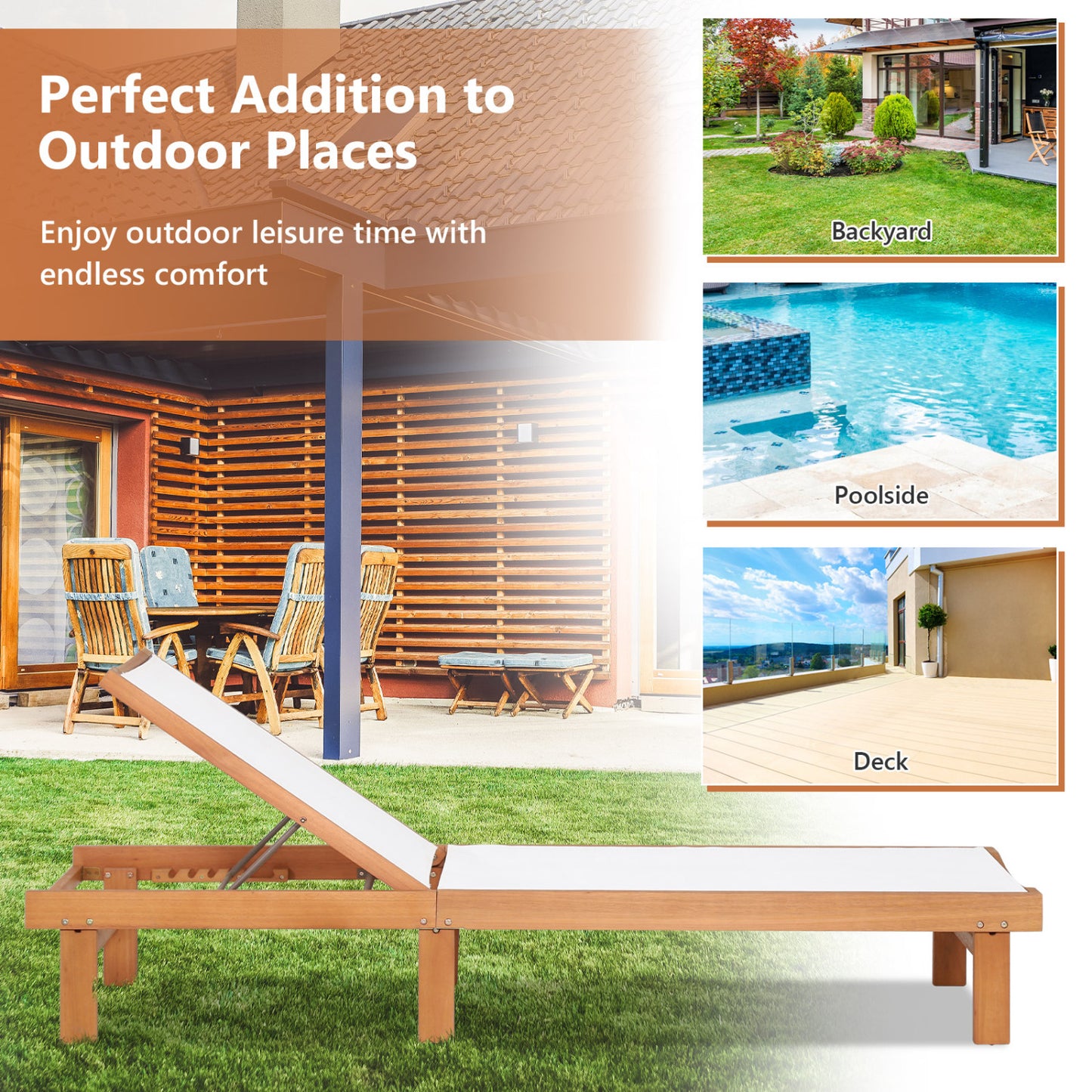 Wood Chaise Lounge Chair, 5-Position Adjustable Back Outdoor Chaise Lounges at Gallery Canada