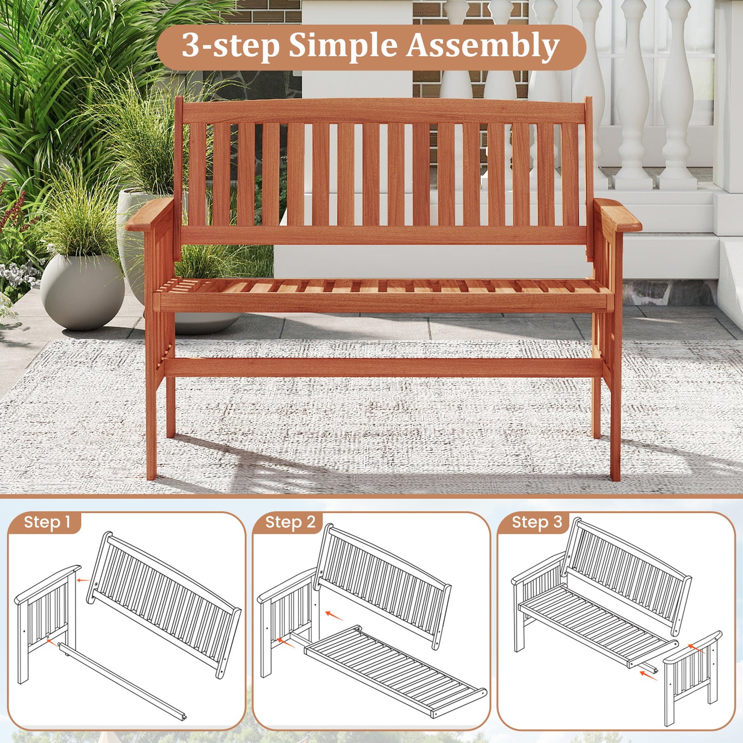 Outdoor Wood Garden Bench, 2-Person Patio Park Bench With Backrest Outdoor Benches at Gallery Canada