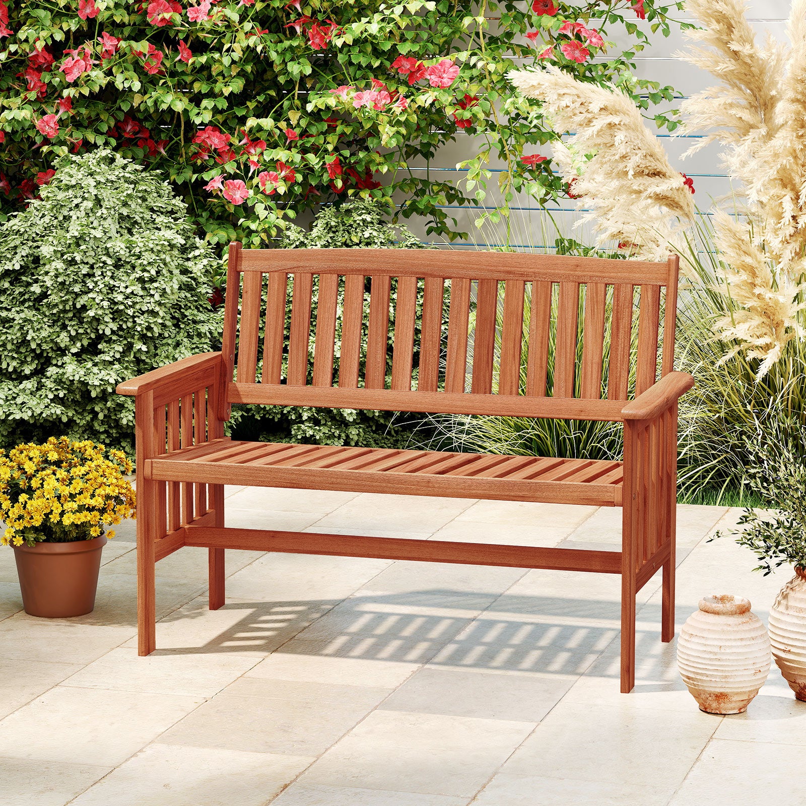 Outdoor Wood Garden Bench, 2-Person Patio Park Bench With Backrest Outdoor Benches at Gallery Canada
