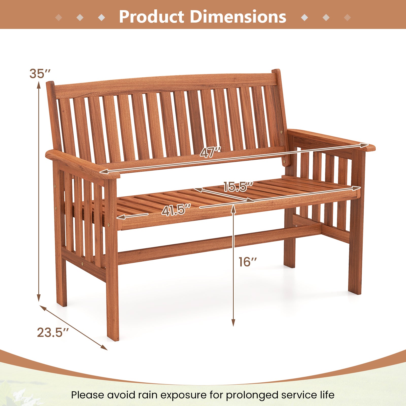 Outdoor Wood Garden Bench, 2-Person Patio Park Bench With Backrest Outdoor Benches at Gallery Canada