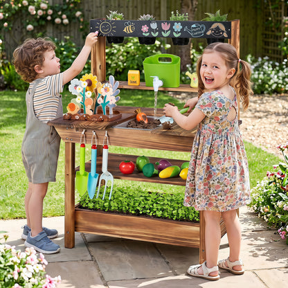 Wood Mud Kitchen with Faucet & Planter, Brown