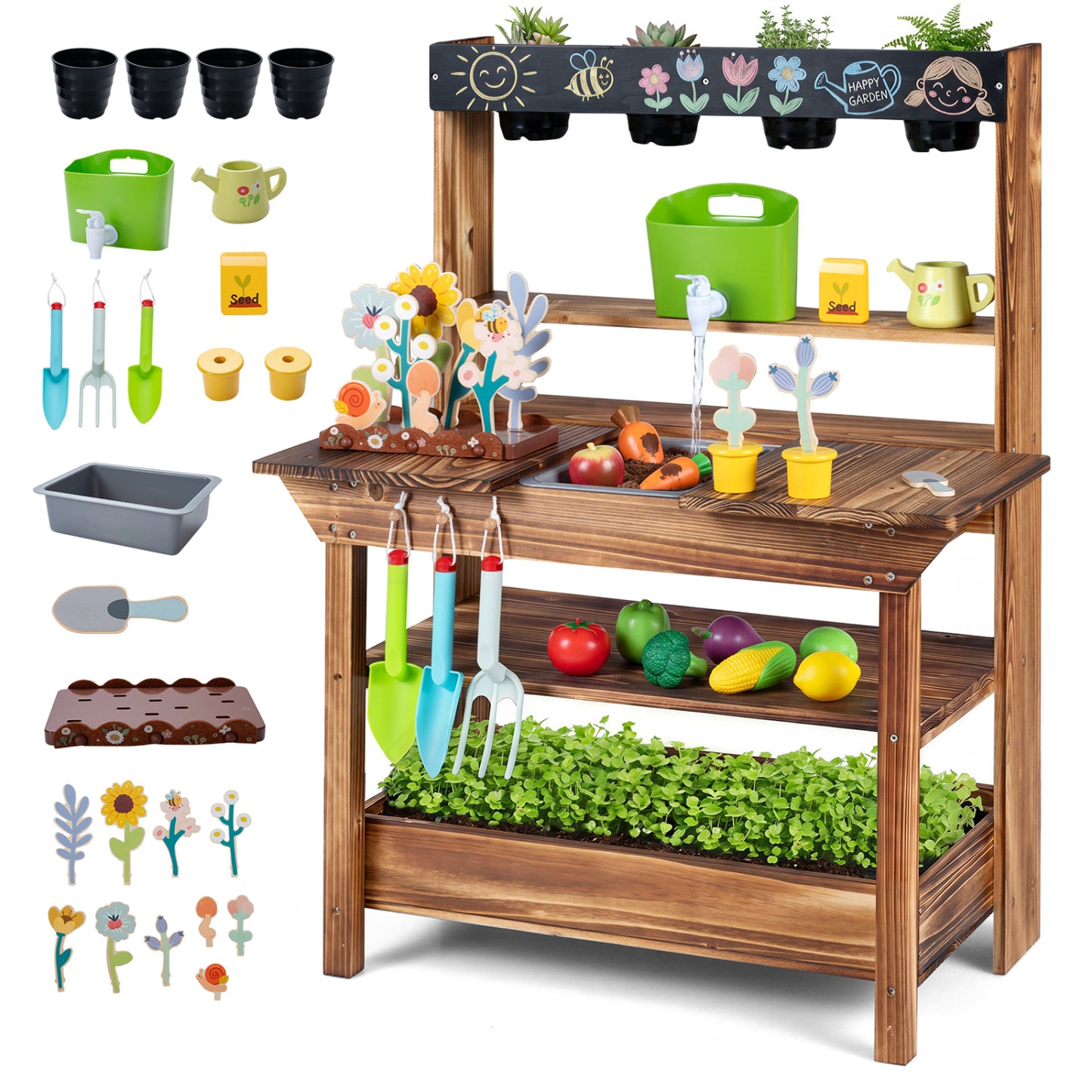 Wood Mud Kitchen with Faucet & Planter, Brown