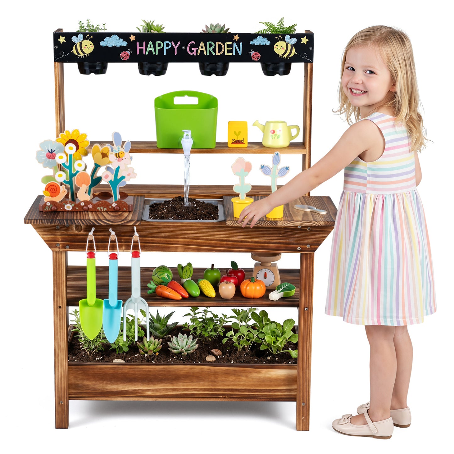 Wood Mud Kitchen with Faucet & Planter, Brown