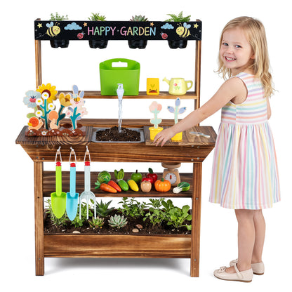 Wood Mud Kitchen with Faucet & Planter, Brown