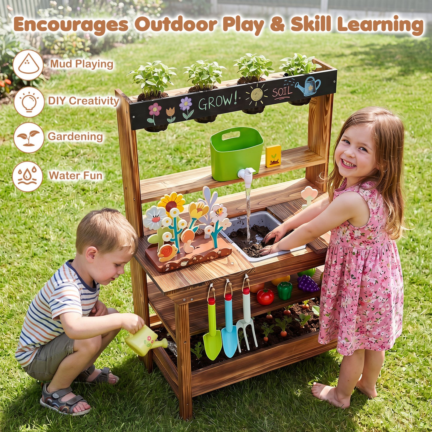 Wood Mud Kitchen with Faucet & Planter, Brown