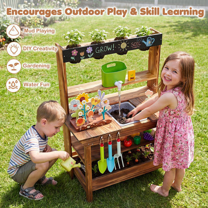 Wood Mud Kitchen with Faucet & Planter, Brown