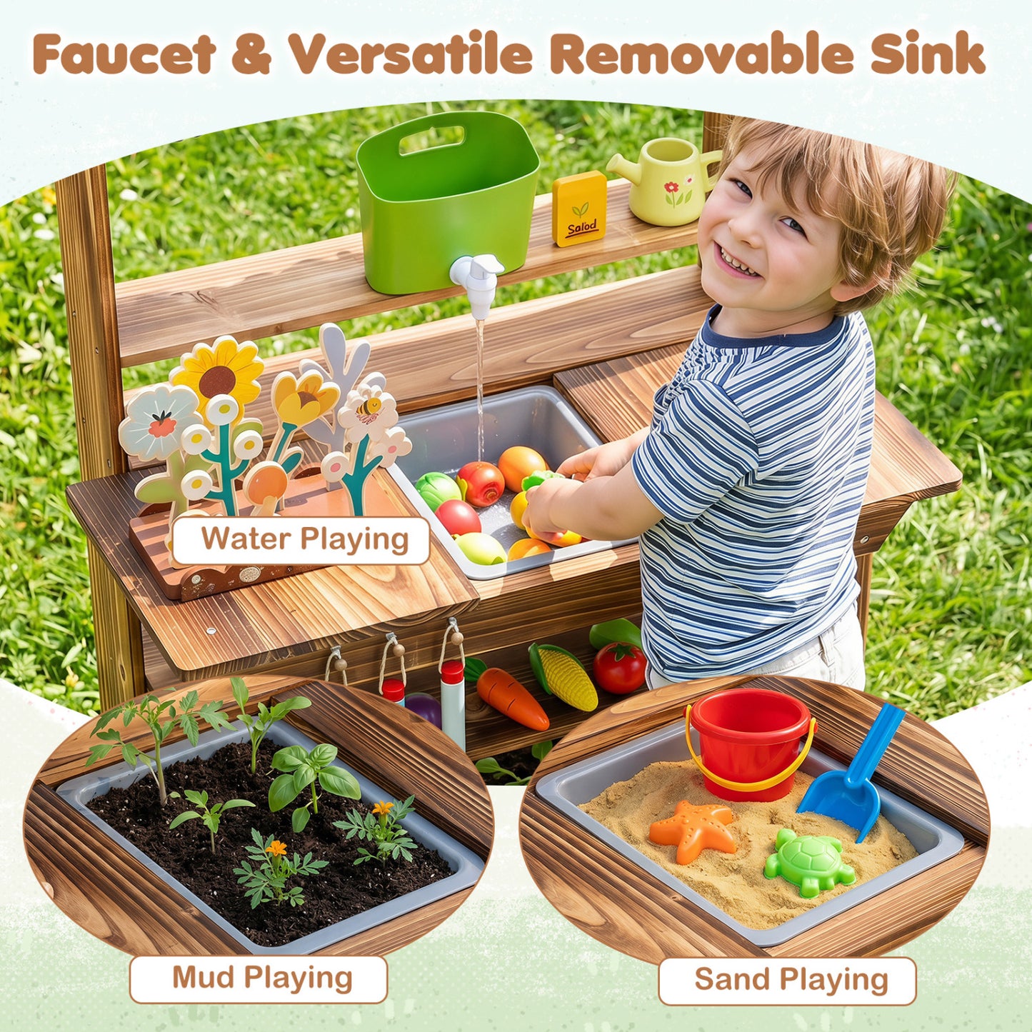 Wood Mud Kitchen with Faucet & Planter, Brown