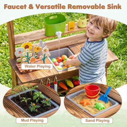 Wood Mud Kitchen with Faucet & Planter, Brown