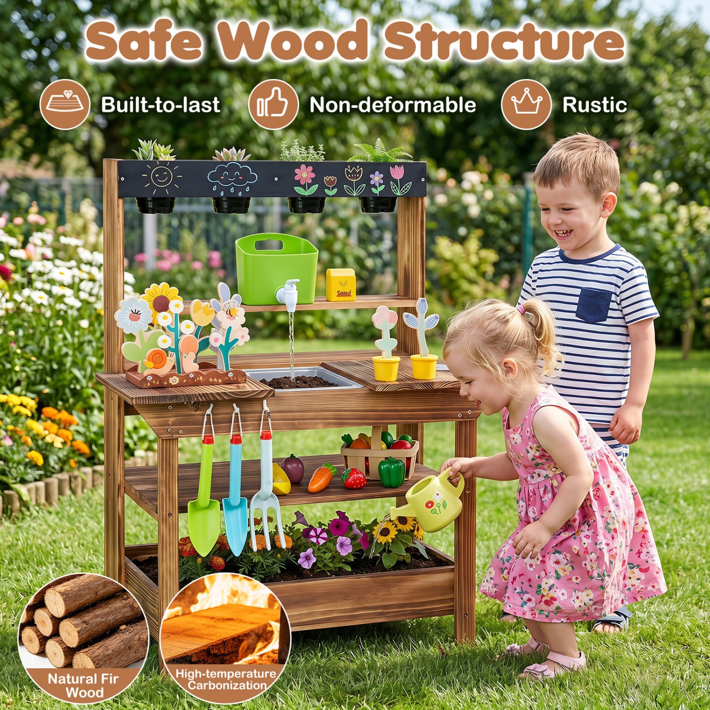 Wood Mud Kitchen with Faucet & Planter, Brown