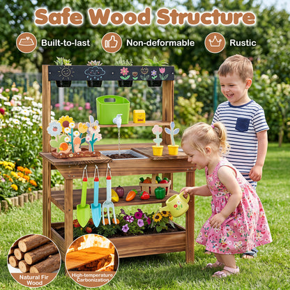 Wood Mud Kitchen with Faucet & Planter, Brown