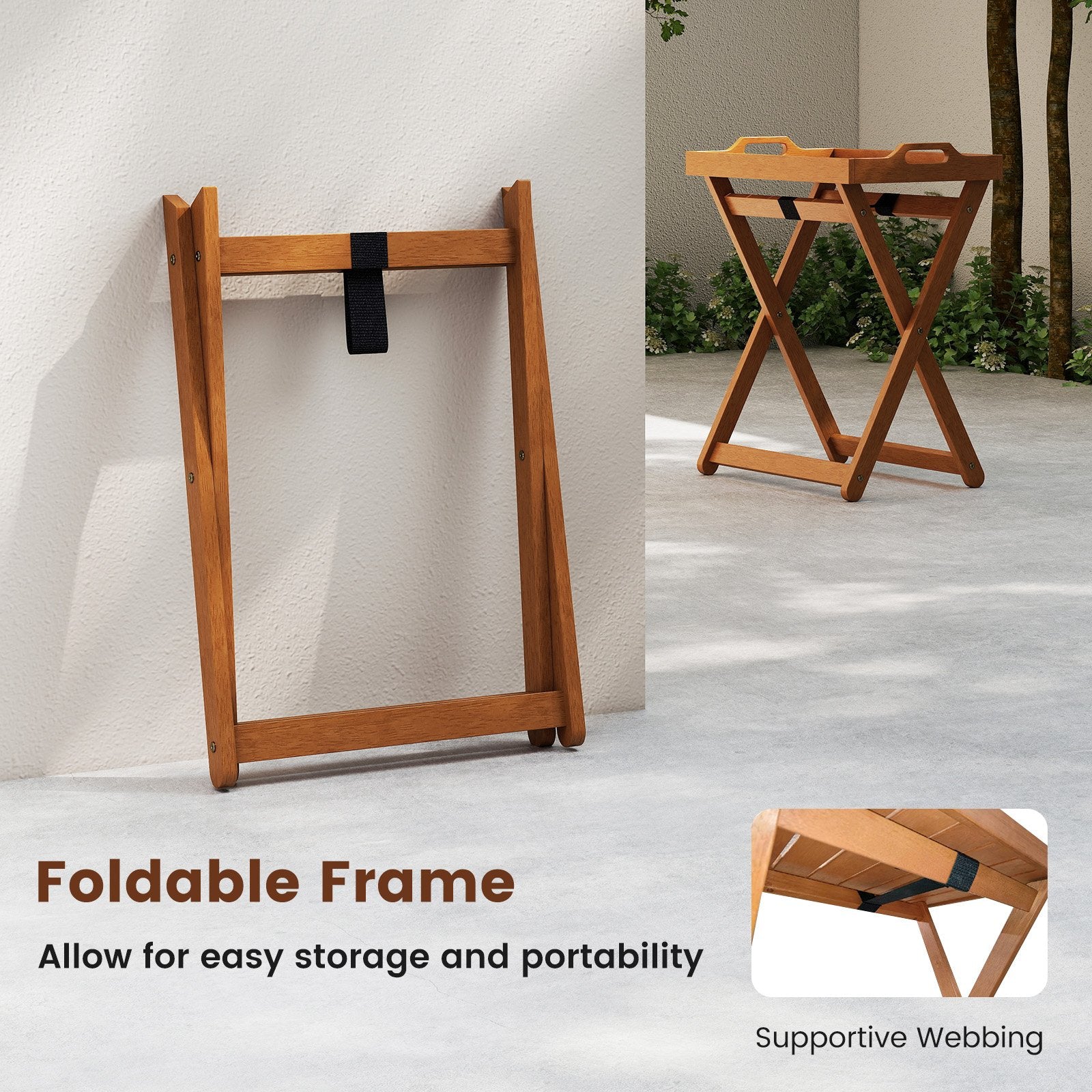 Outdoor Wood Tray Table Portable Side End Table with Folding Frame Patio Coffee Tables at Gallery Canada
