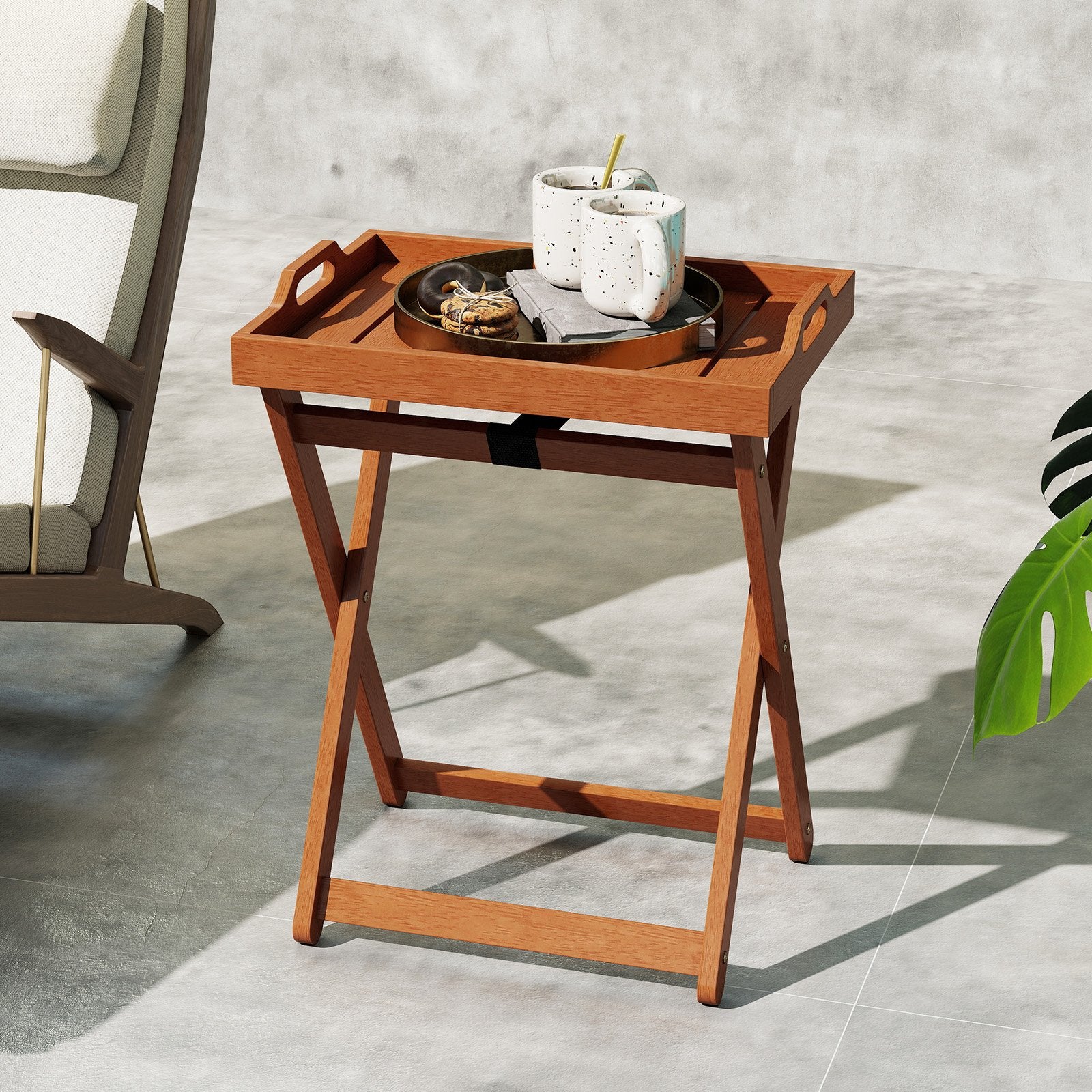 Outdoor Wood Tray Table Portable Side End Table with Folding Frame Patio Coffee Tables at Gallery Canada