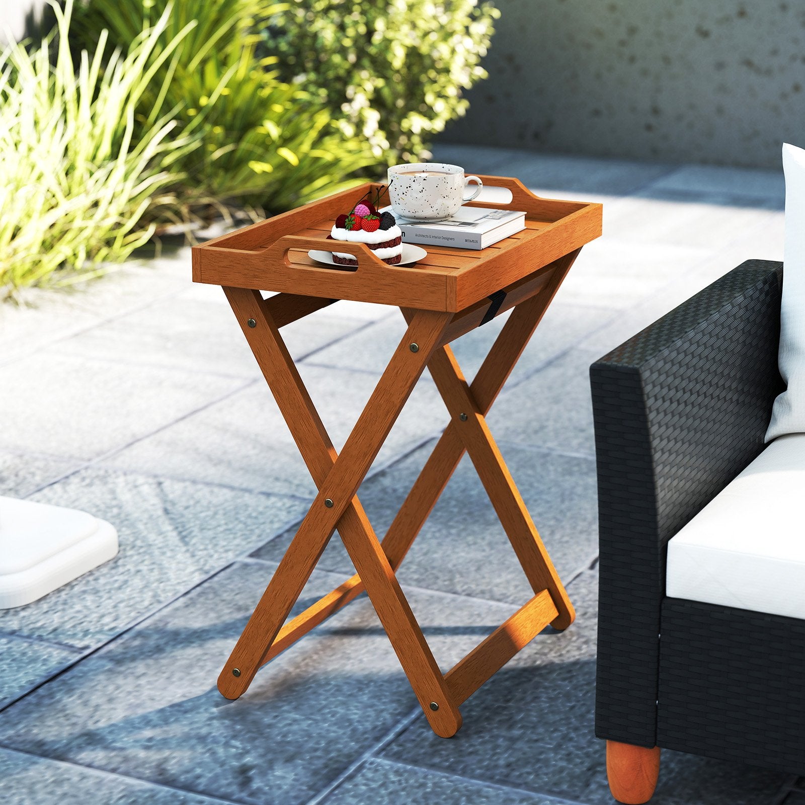 Outdoor Wood Tray Table Portable Side End Table with Folding Frame Patio Coffee Tables at Gallery Canada