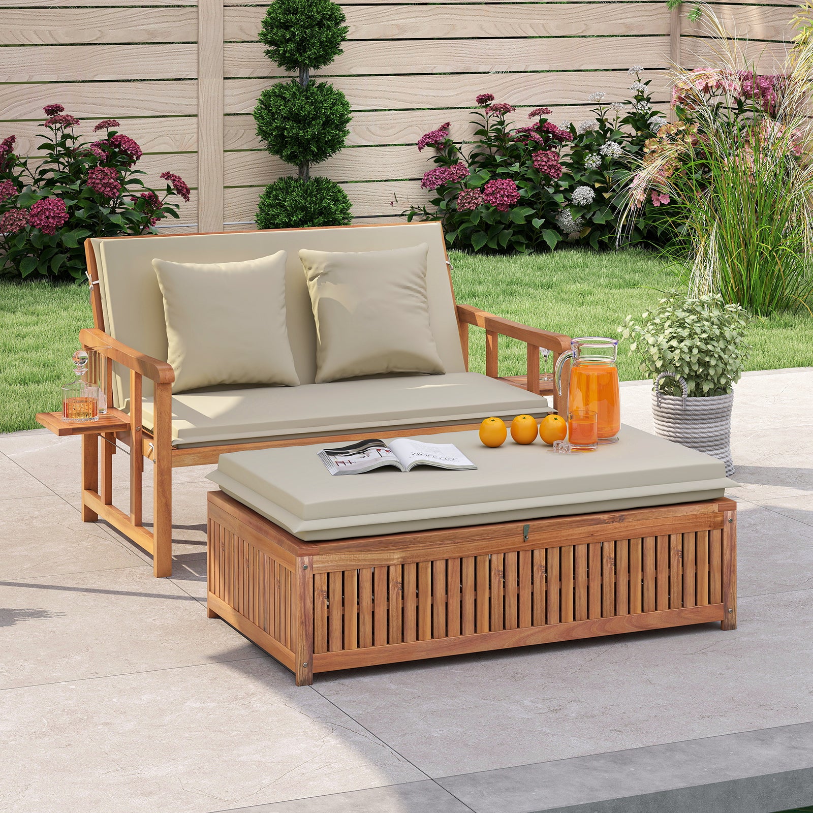 Outdoor Wooden Daybed with 4-Level Backrest and Removable Cushions, White Outdoor Chaise Lounges at Gallery Canada