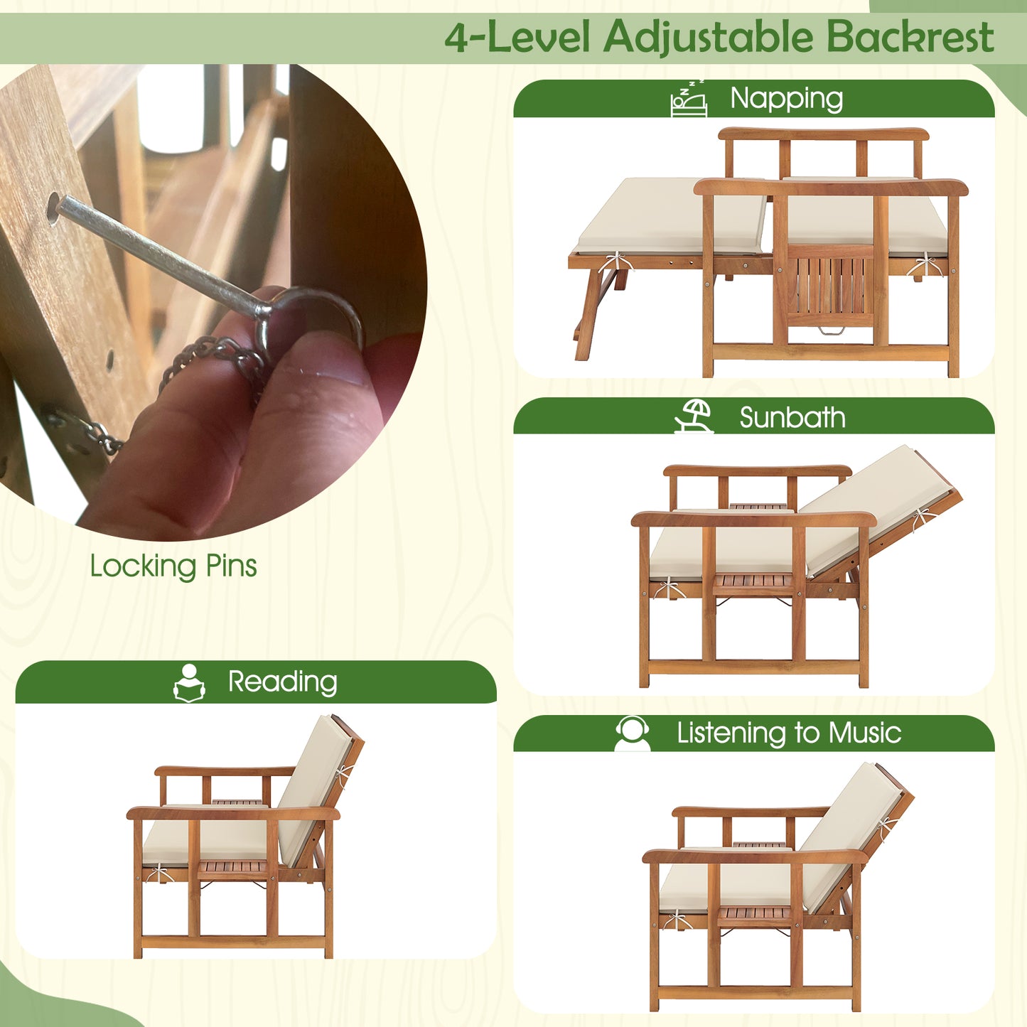 Outdoor Wooden Daybed with 4-Level Backrest and Removable Cushions, White Outdoor Chaise Lounges at Gallery Canada