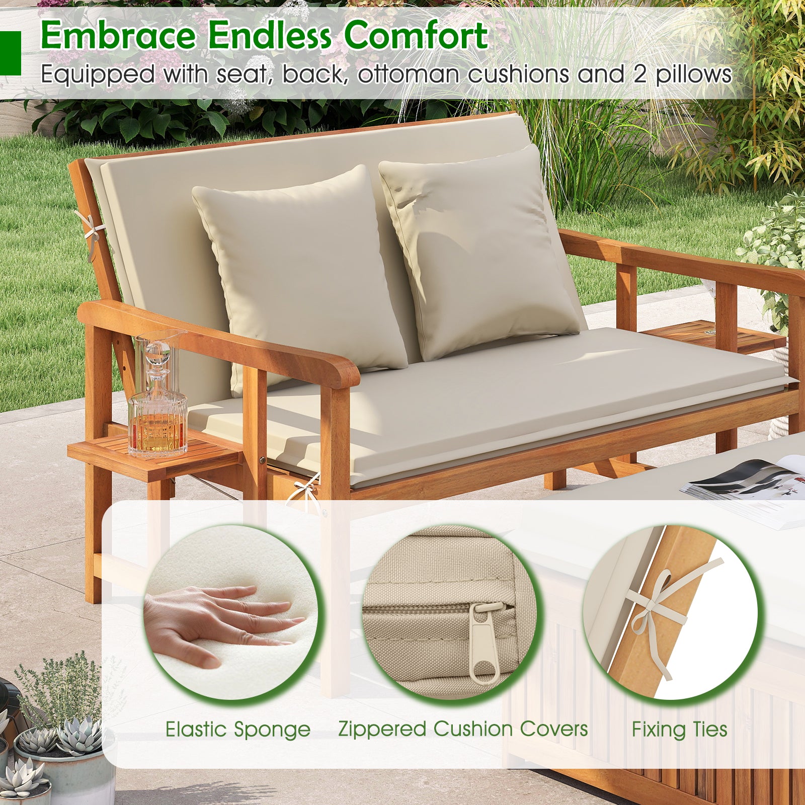 Outdoor Wooden Daybed with 4-Level Backrest and Removable Cushions, White Outdoor Chaise Lounges at Gallery Canada