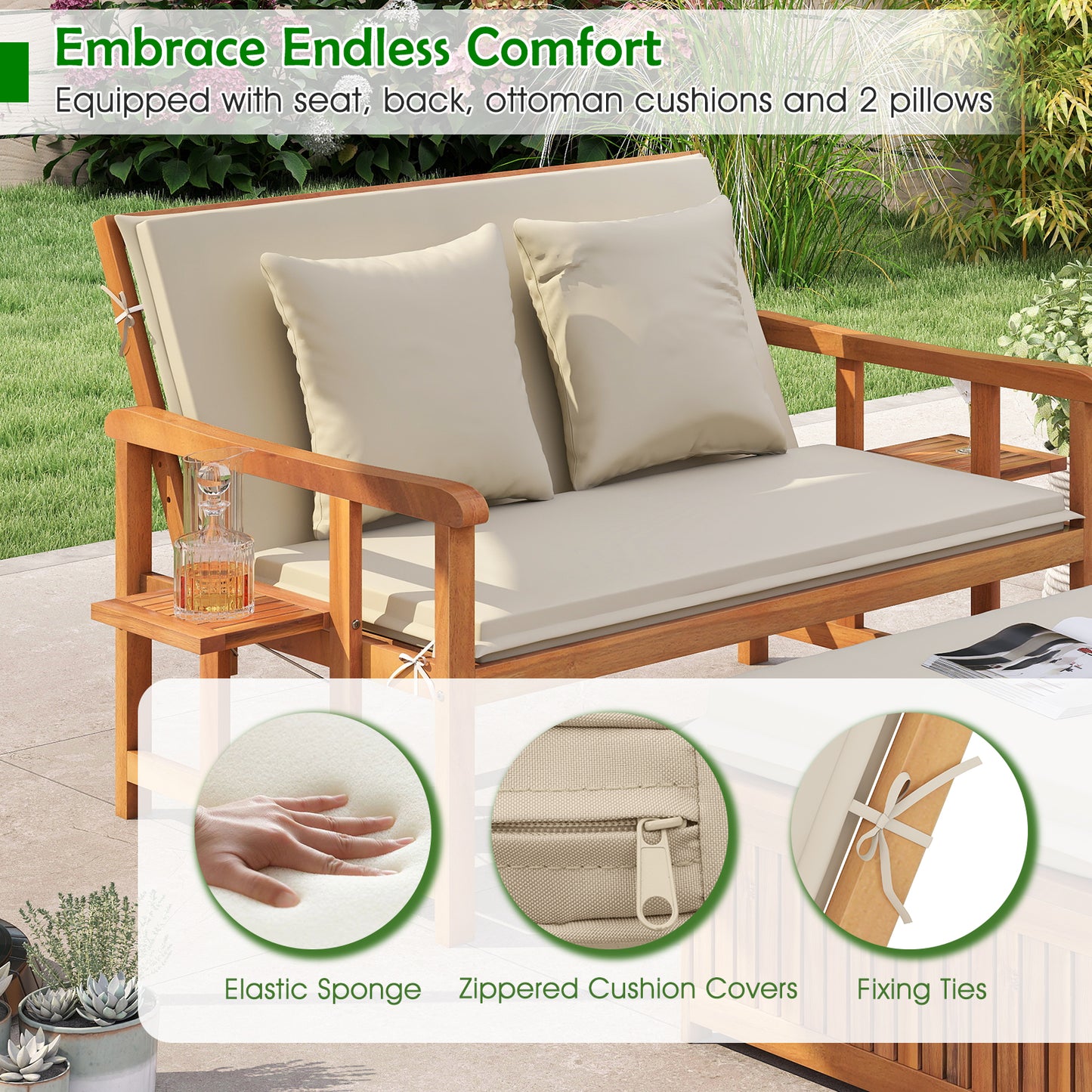 Outdoor Wooden Daybed with 4-Level Backrest and Removable Cushions, White Outdoor Chaise Lounges at Gallery Canada