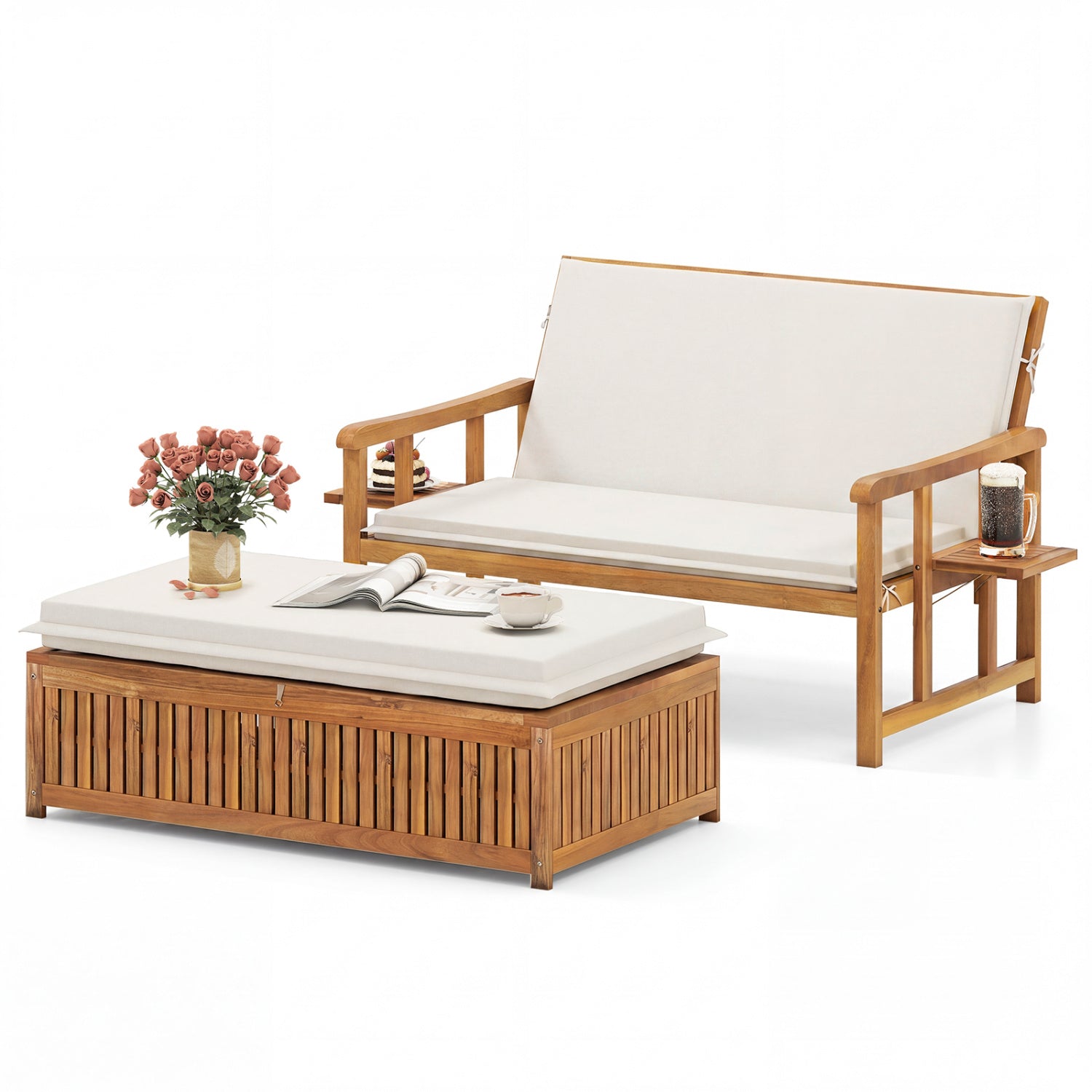 Outdoor Wooden Daybed, 4-Level Backrest, Removable Cushions, White Outdoor Chaise Lounges at Gallery Canada