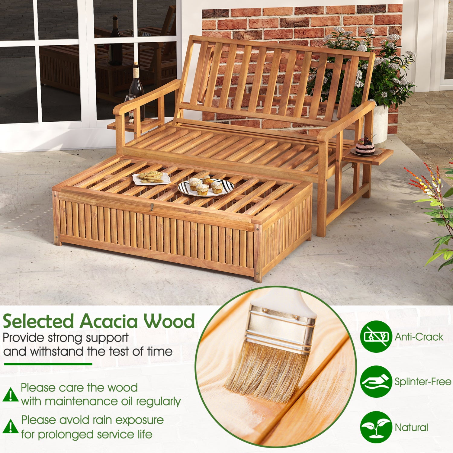 Outdoor Wooden Daybed, 4-Level Backrest, Removable Cushions, White Outdoor Chaise Lounges at Gallery Canada