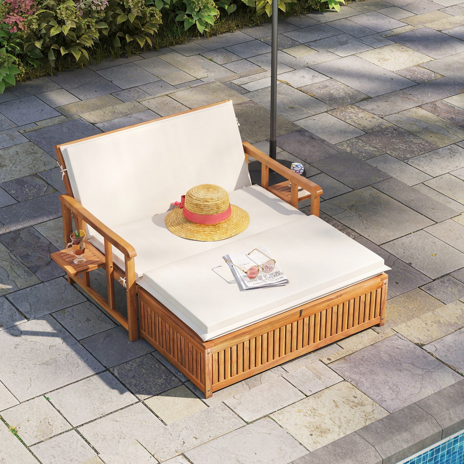 Outdoor Wooden Daybed, 4-Level Backrest, Removable Cushions, White Outdoor Chaise Lounges at Gallery Canada