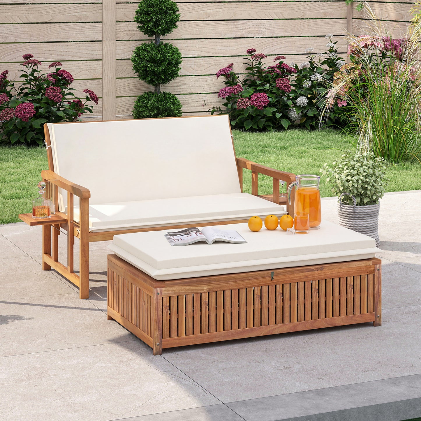 Outdoor Wooden Daybed, 4-Level Backrest, Removable Cushions, White Outdoor Chaise Lounges at Gallery Canada