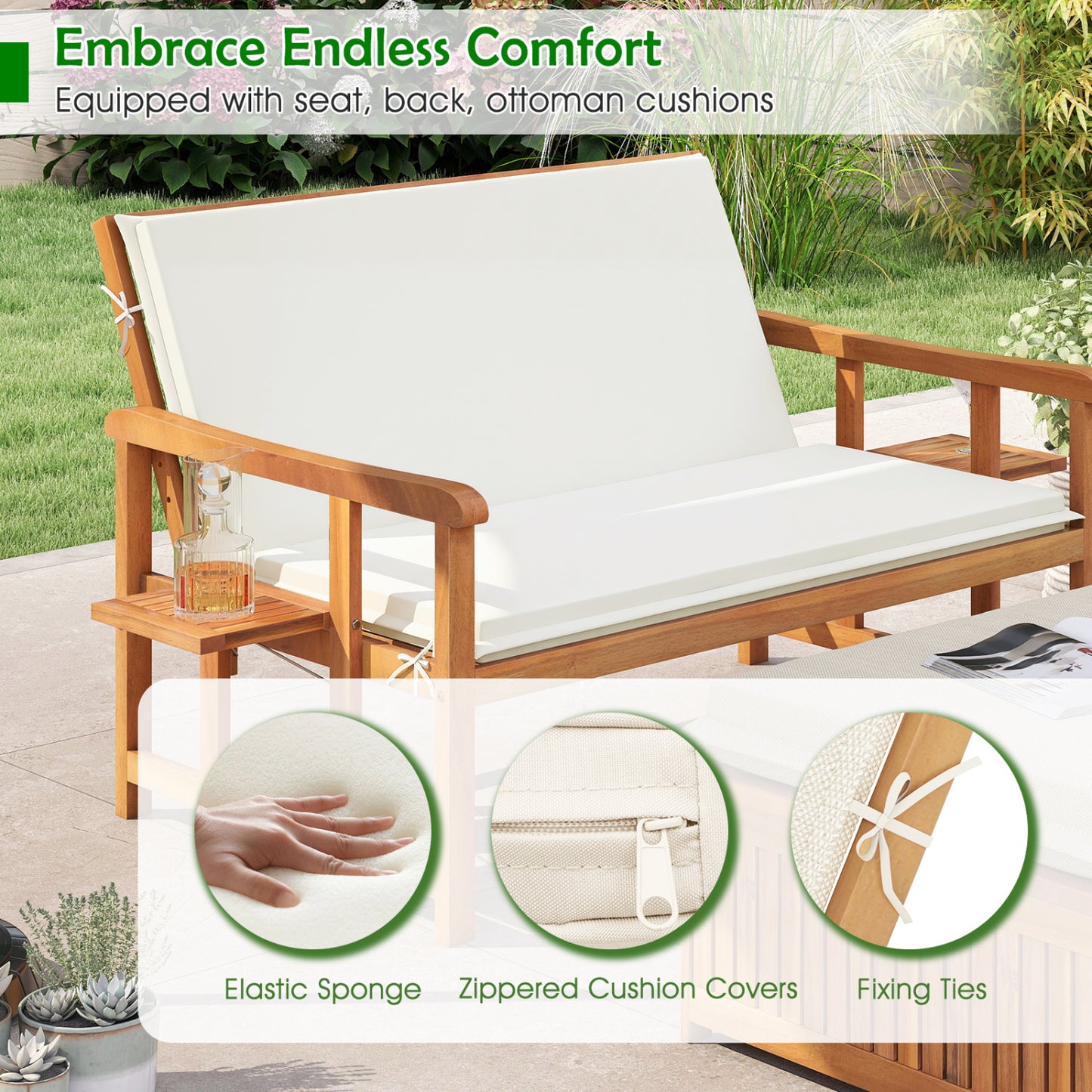 Outdoor Wooden Daybed, 4-Level Backrest, Removable Cushions, White Outdoor Chaise Lounges at Gallery Canada