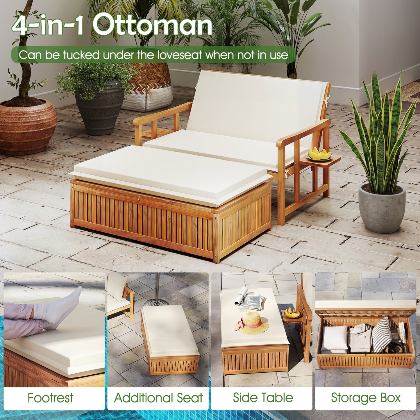 Outdoor Wooden Daybed, 4-Level Backrest, Removable Cushions, White Outdoor Chaise Lounges at Gallery Canada