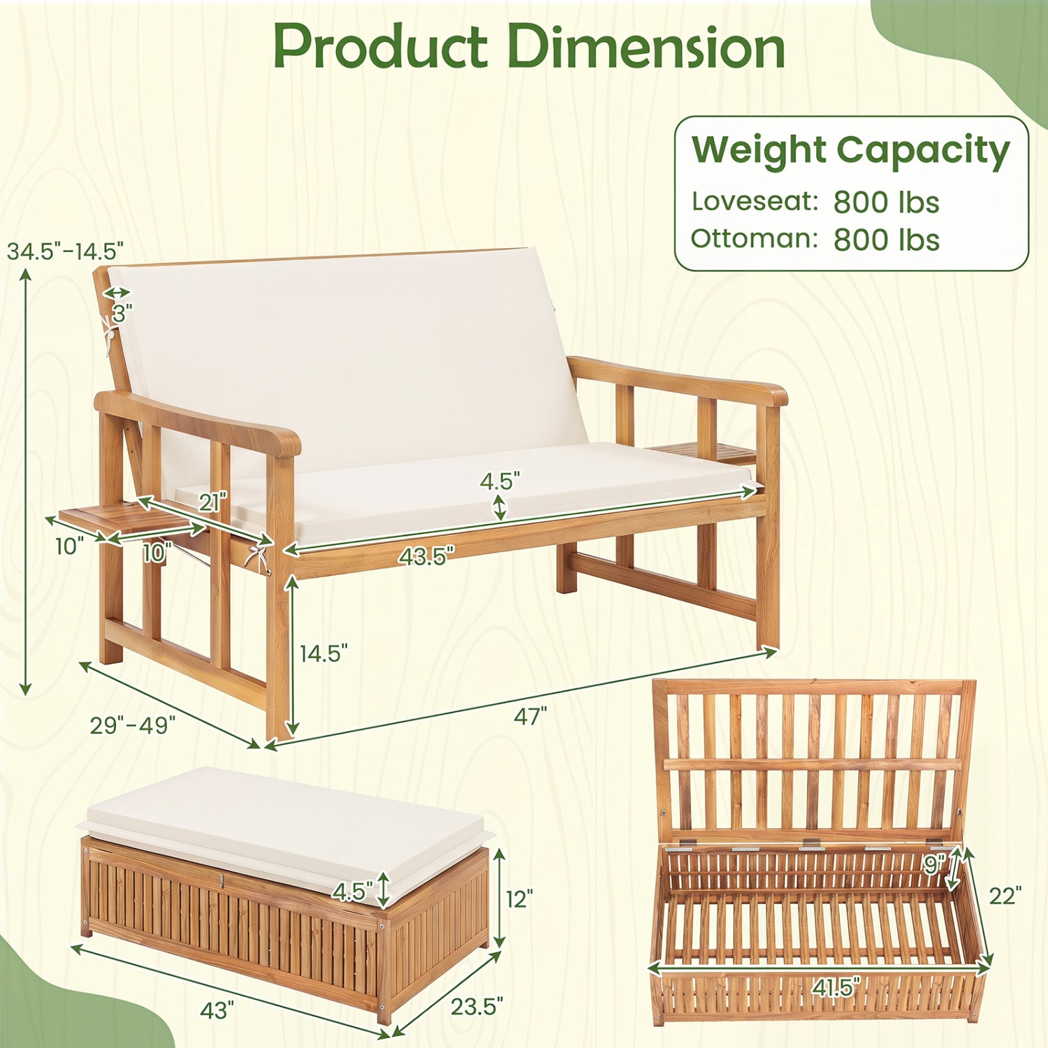 Outdoor Wooden Daybed, 4-Level Backrest, Removable Cushions, White Outdoor Chaise Lounges at Gallery Canada