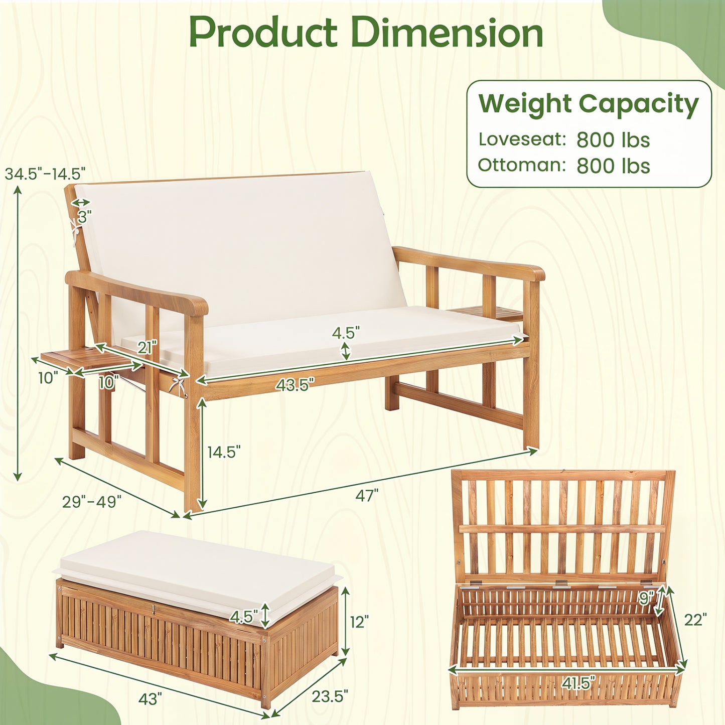 Outdoor Wooden Daybed, 4-Level Backrest, Removable Cushions, White Outdoor Chaise Lounges at Gallery Canada