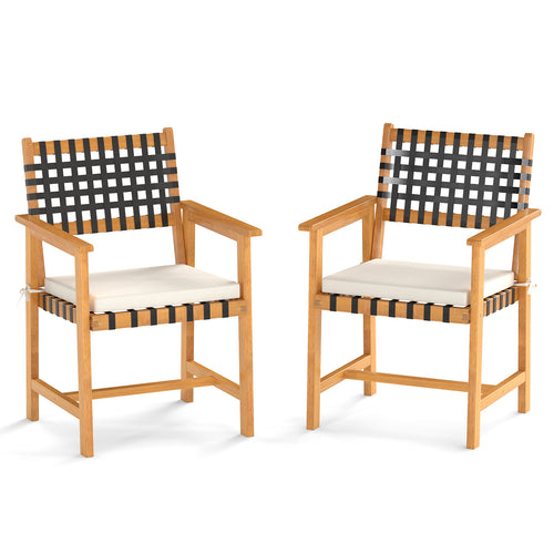 Outdoor Wooden Dining Chair Set of 2 with Armrests and Curved Back, White