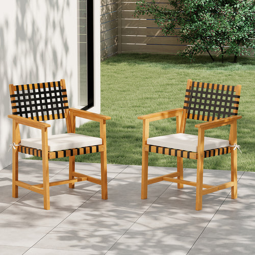 Outdoor Wooden Dining Chair Set of 2 with Armrests and Curved Back, White