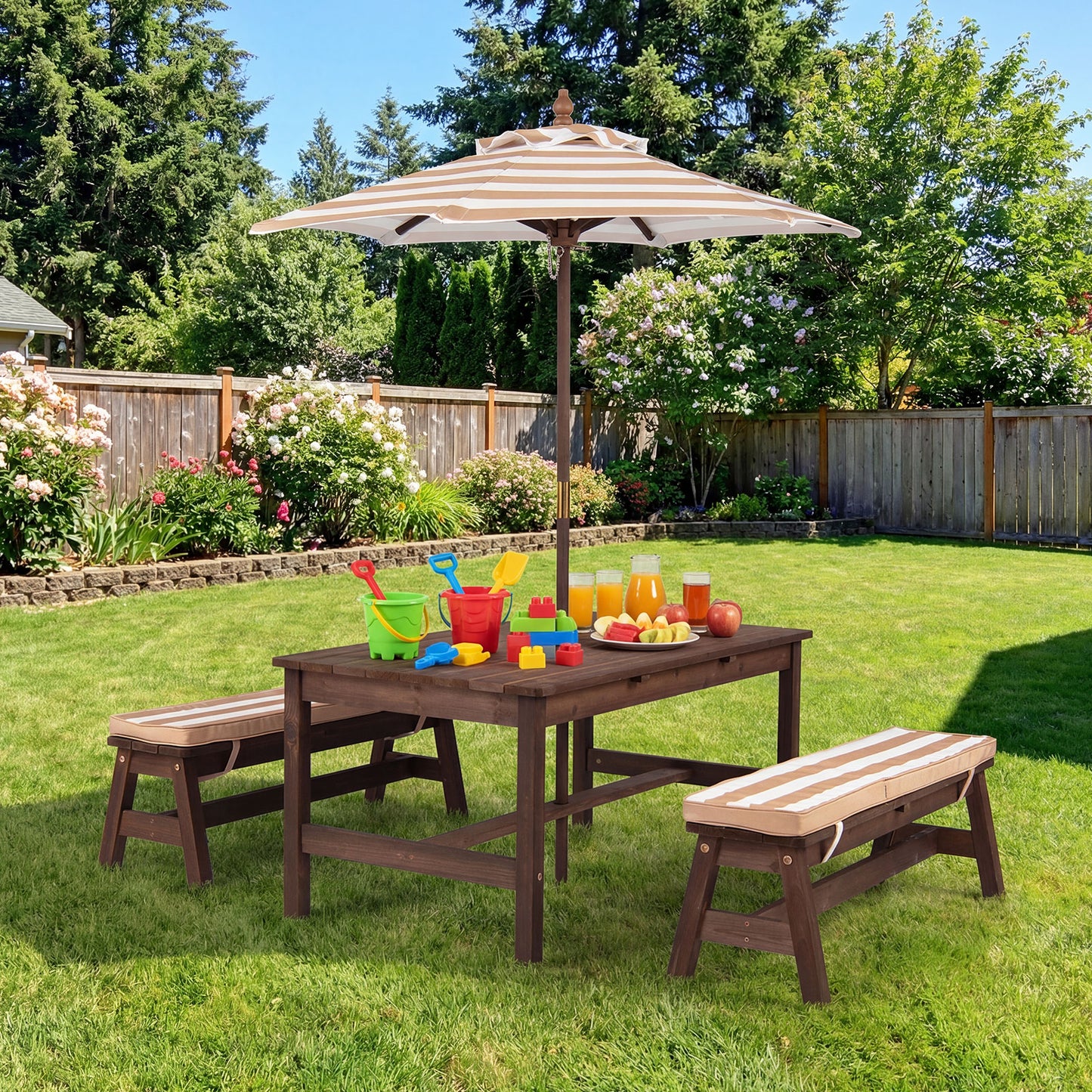 Outdoor Wooden Kids Picnic Table, Removable Umbrella, Cushions, Coffee Kids Table & Chair Sets at Gallery Canada