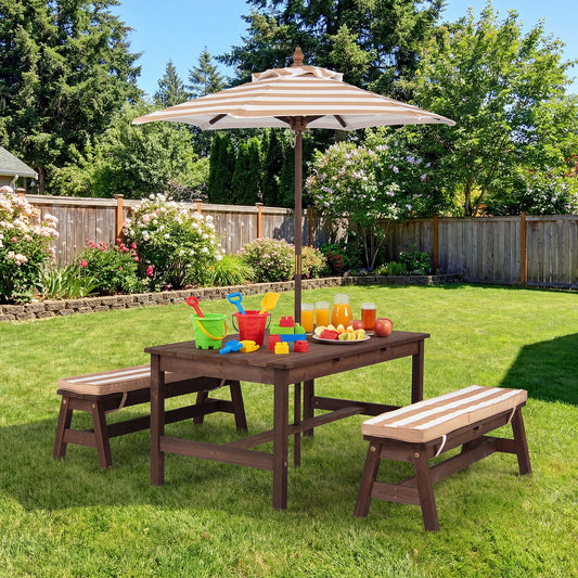 Outdoor Wooden Kids Picnic Table, Removable Umbrella, Cushions, Coffee Kids Table & Chair Sets Coffee at Gallery Canada
