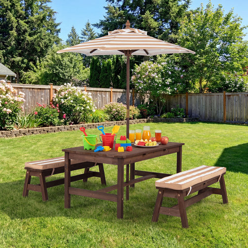 Outdoor Wooden Kids Picnic Table, Removable Umbrella, Cushions, Coffee