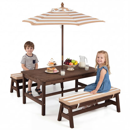 Outdoor Wooden Kids Picnic Table, Removable Umbrella, Cushions, Coffee Kids Table & Chair Sets at Gallery Canada