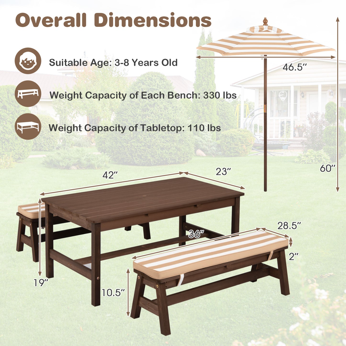 Outdoor Wooden Kids Picnic Table, Removable Umbrella, Cushions, Coffee Kids Table & Chair Sets at Gallery Canada
