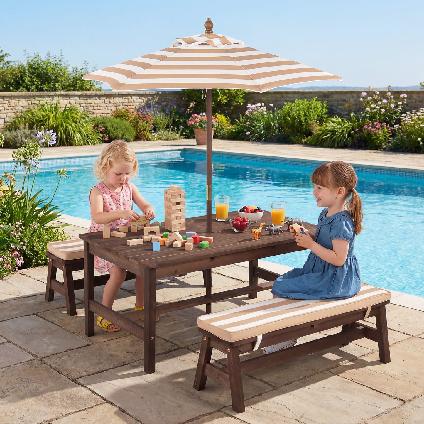 Outdoor Wooden Kids Picnic Table, Removable Umbrella, Cushions, Coffee Kids Table & Chair Sets at Gallery Canada