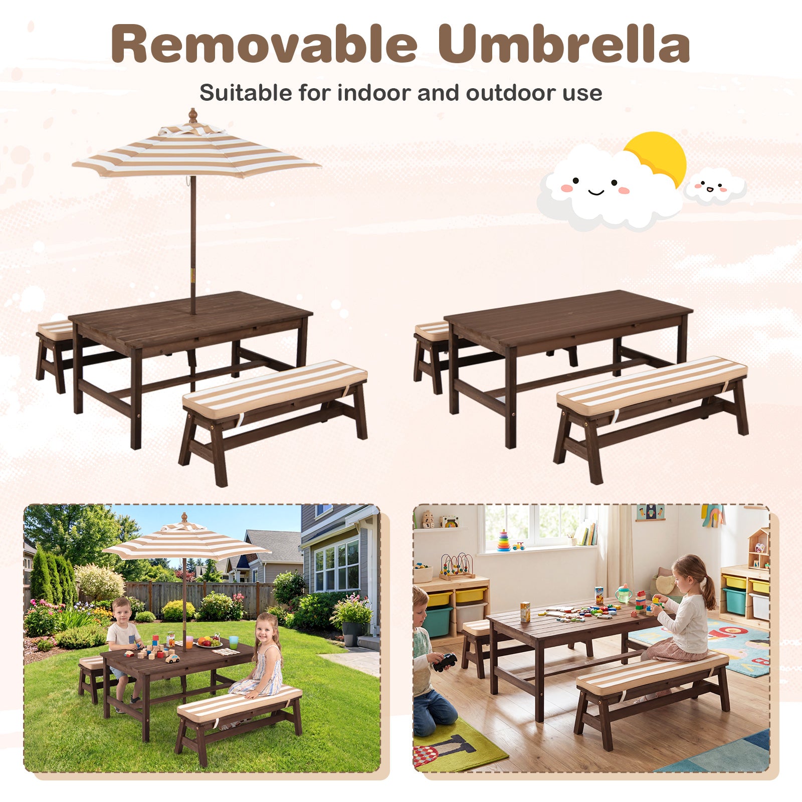 Outdoor Wooden Kids Picnic Table, Removable Umbrella, Cushions, Coffee Kids Table & Chair Sets at Gallery Canada
