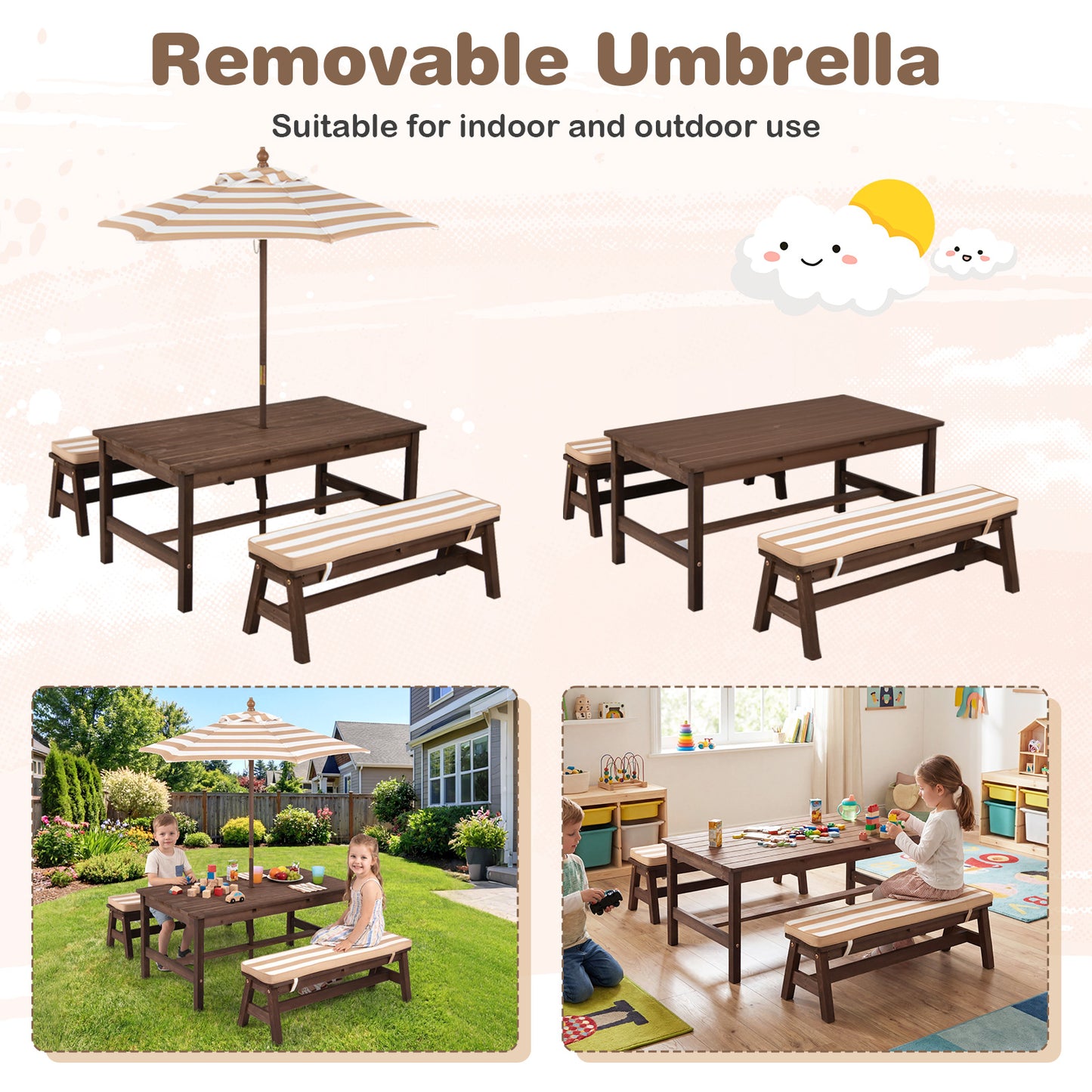 Outdoor Wooden Kids Picnic Table, Removable Umbrella, Cushions, Coffee Kids Table & Chair Sets at Gallery Canada