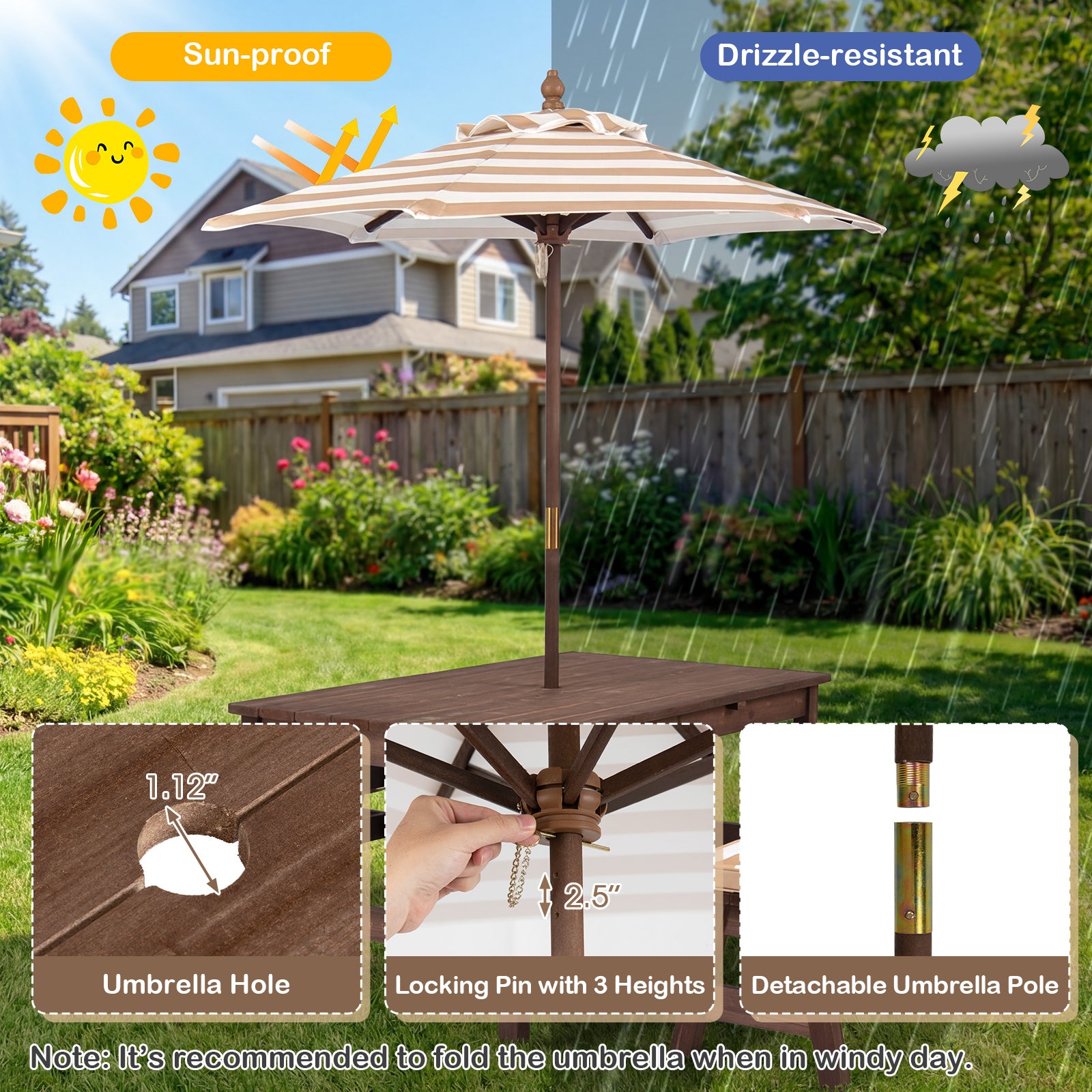 Outdoor Wooden Kids Picnic Table, Removable Umbrella, Cushions, Coffee Kids Table & Chair Sets at Gallery Canada