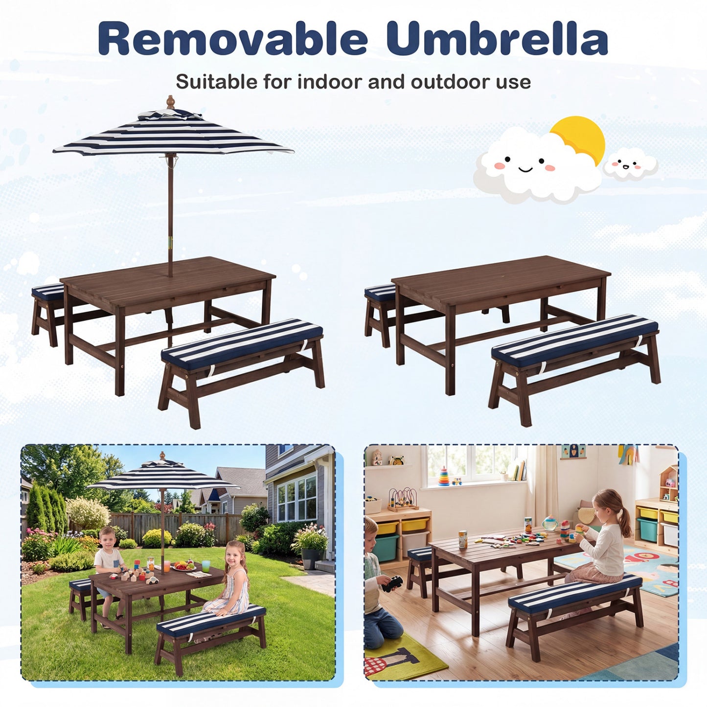 Kids Picnic Table, Outdoor Wooden, Removable Umbrella And Cushions Kids Table & Chair Sets at Gallery Canada