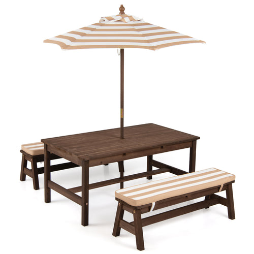 Outdoor Wooden Kids Picnic Table, Removable Umbrella, Cushions, Coffee
