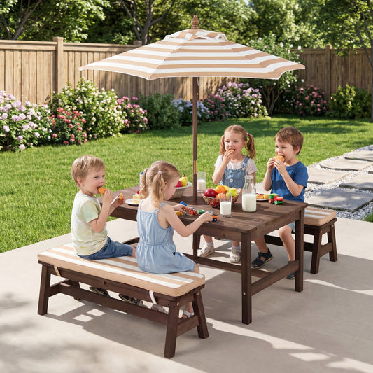 Outdoor Wooden Kids Picnic Table, Removable Umbrella, Cushions, Coffee Kids Table & Chair Sets Coffee at Gallery Canada