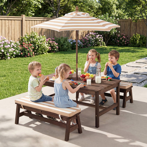 Outdoor Wooden Kids Picnic Table, Removable Umbrella, Cushions, Coffee