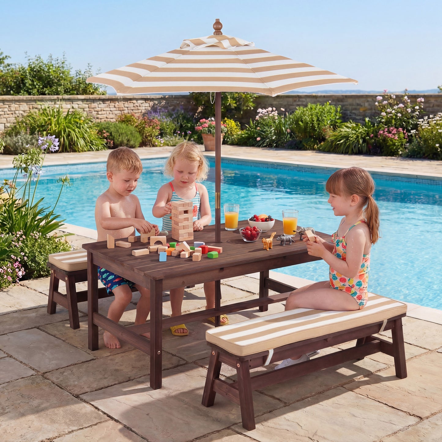 Outdoor Wooden Kids Picnic Table, Removable Umbrella, Cushions, Coffee Kids Table & Chair Sets at Gallery Canada