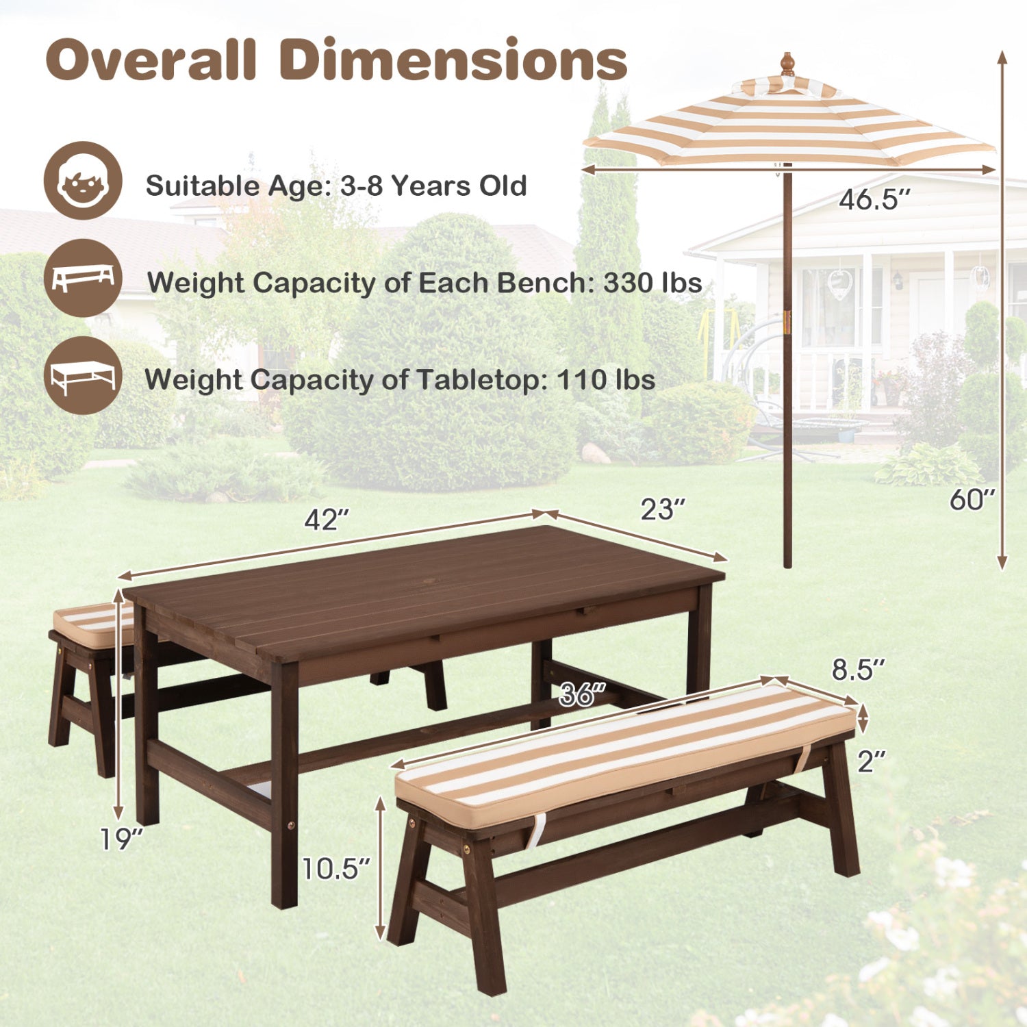 Outdoor Wooden Kids Picnic Table, Removable Umbrella, Cushions, Coffee Kids Table & Chair Sets at Gallery Canada
