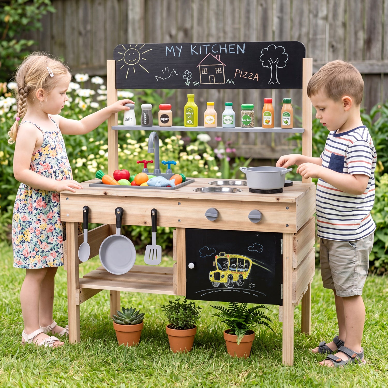 Outdoor Wooden Mud Kitchen for Kids with Sink and Stoves, Natural Play Kitchen Sets at Gallery Canada