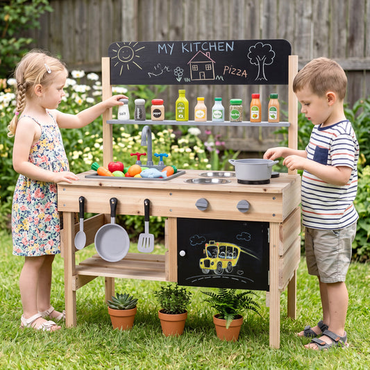 Outdoor Wooden Mud Kitchen for Kids with Sink and Stoves, Natural Play Kitchen Sets Natural at Gallery Canada